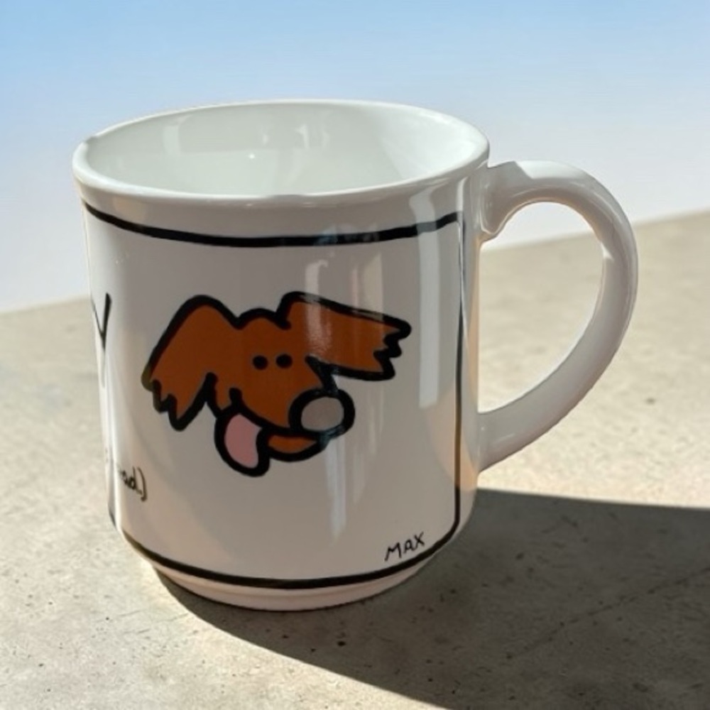 Humorous coffee mug that spells it out, (I heart my dog’s head) made in Japan